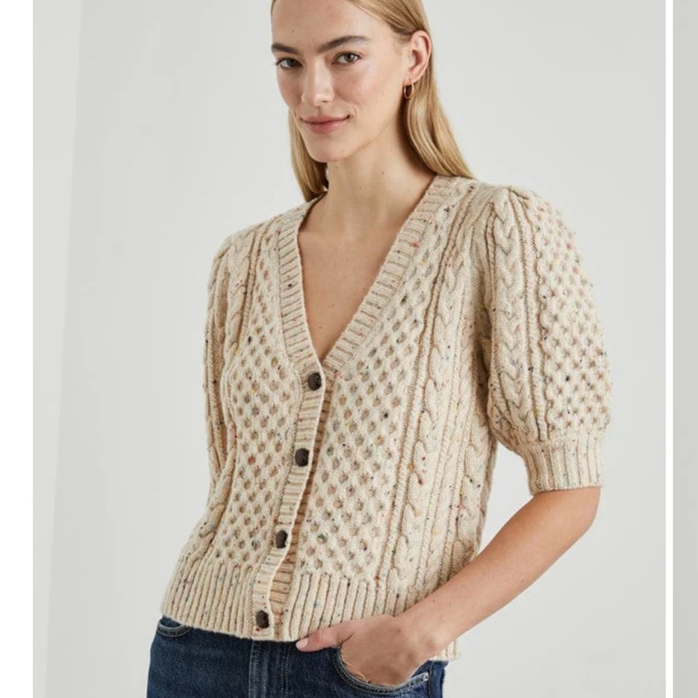Rails Cream Cable Knit Puff-Sleeve Button Cardigan
